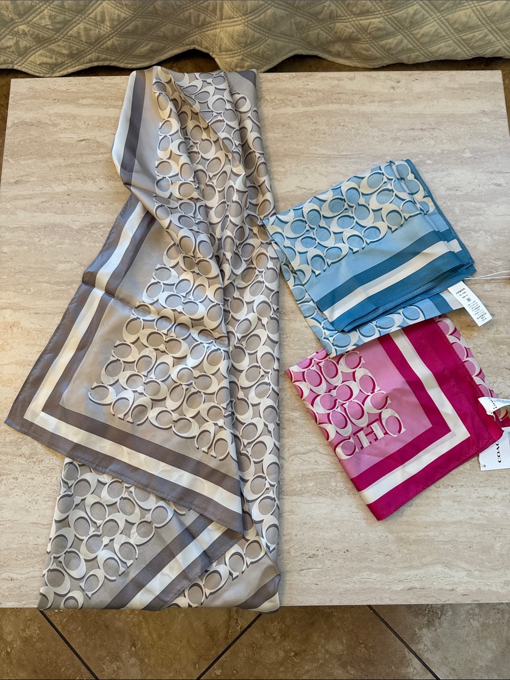 Coach Signature Circle Silk Scarves - Gray, Blue & Pink